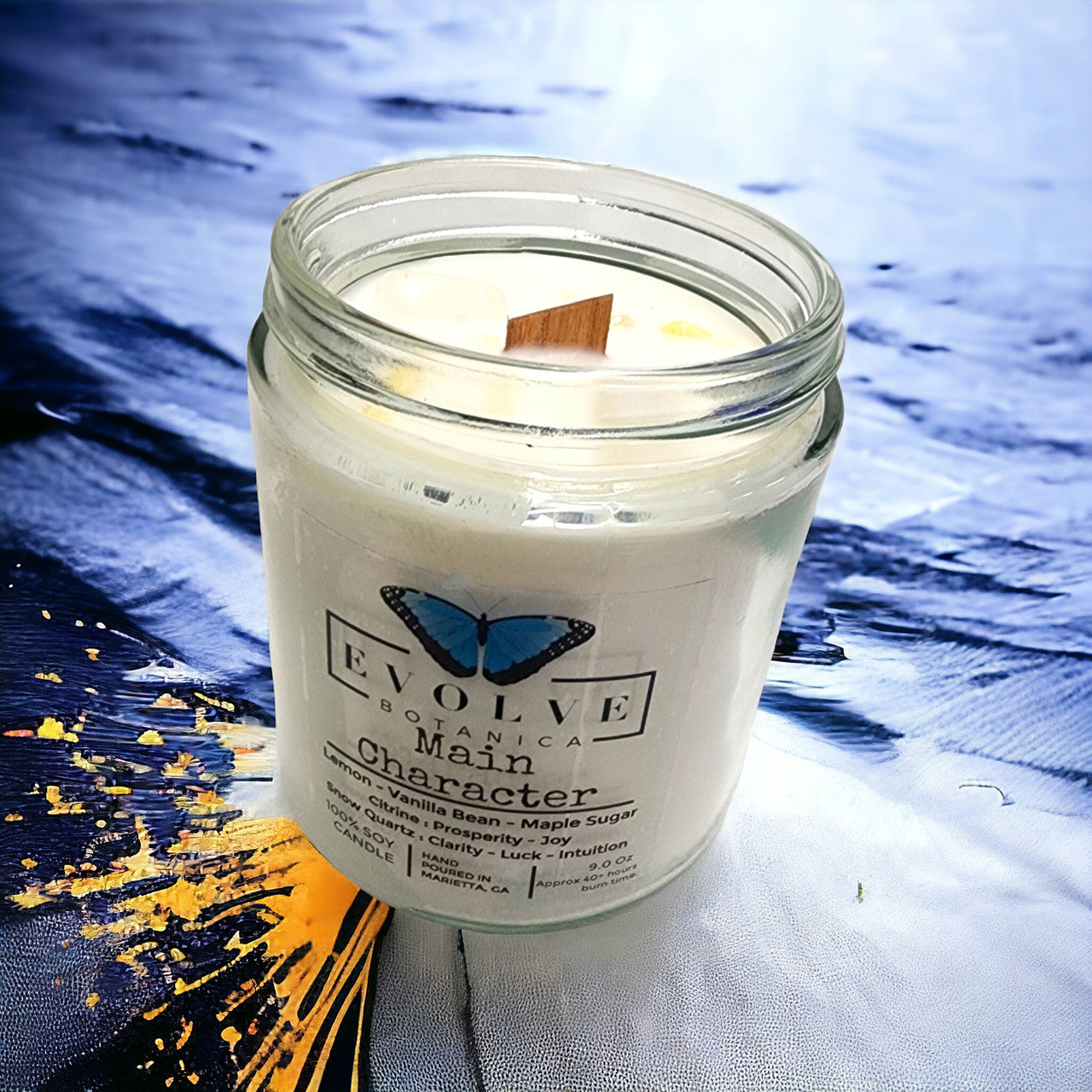 Classic 9oz Jam Jar Crystal Soy Candle - Main Character (Citrine & Snow Quartz)