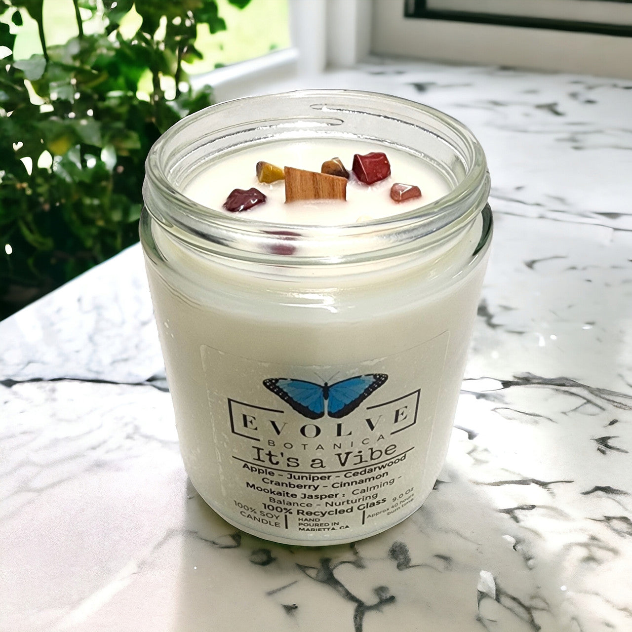 Classic 9oz Jam Jar Crystal Soy Candle - It's a Vibe (Mookite Jasper) - Blessings Grow Meadows