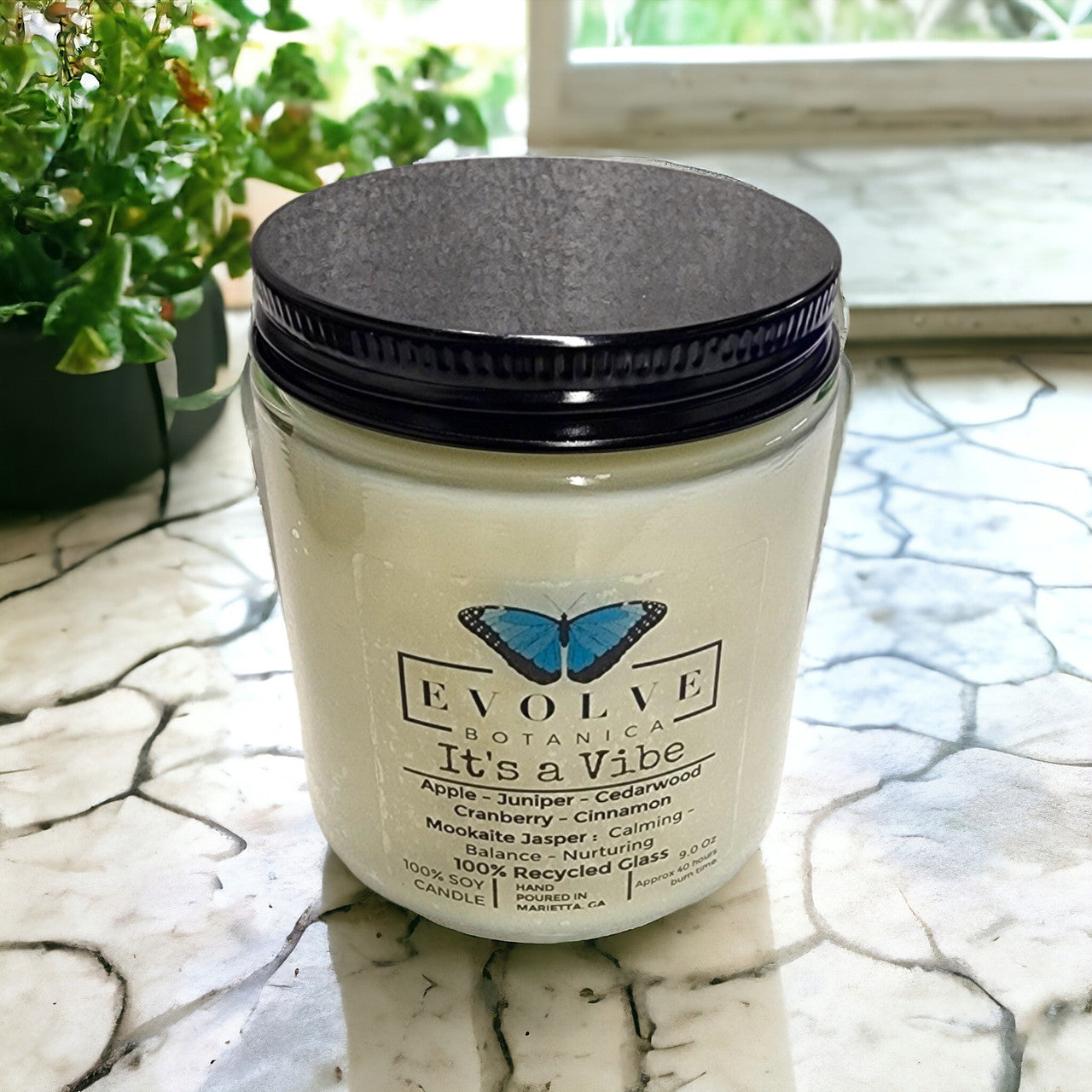 Classic 9oz Jam Jar Crystal Soy Candle - It's a Vibe (Mookite Jasper) - Blessings Grow Meadows