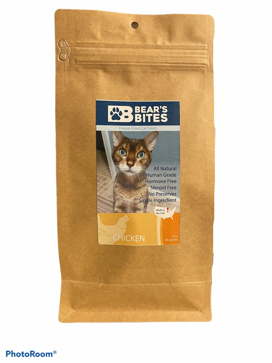 Freeze dried chicken cat treats from Bear's Bites, single ingredient, crispy and natural for feline snacking.
