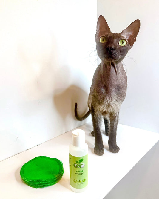 ReNewedPet 4-ALL Pets Eyewash in a bottle, pet grooming product for cleaning and soothing pet's eyes, with a clear liquid solution.