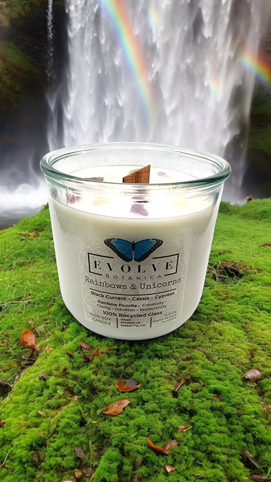 Rocks Candle - Rainbows & Unicorns (Wood Wick Rainbow Fluorite Gemstone Soy Candle)