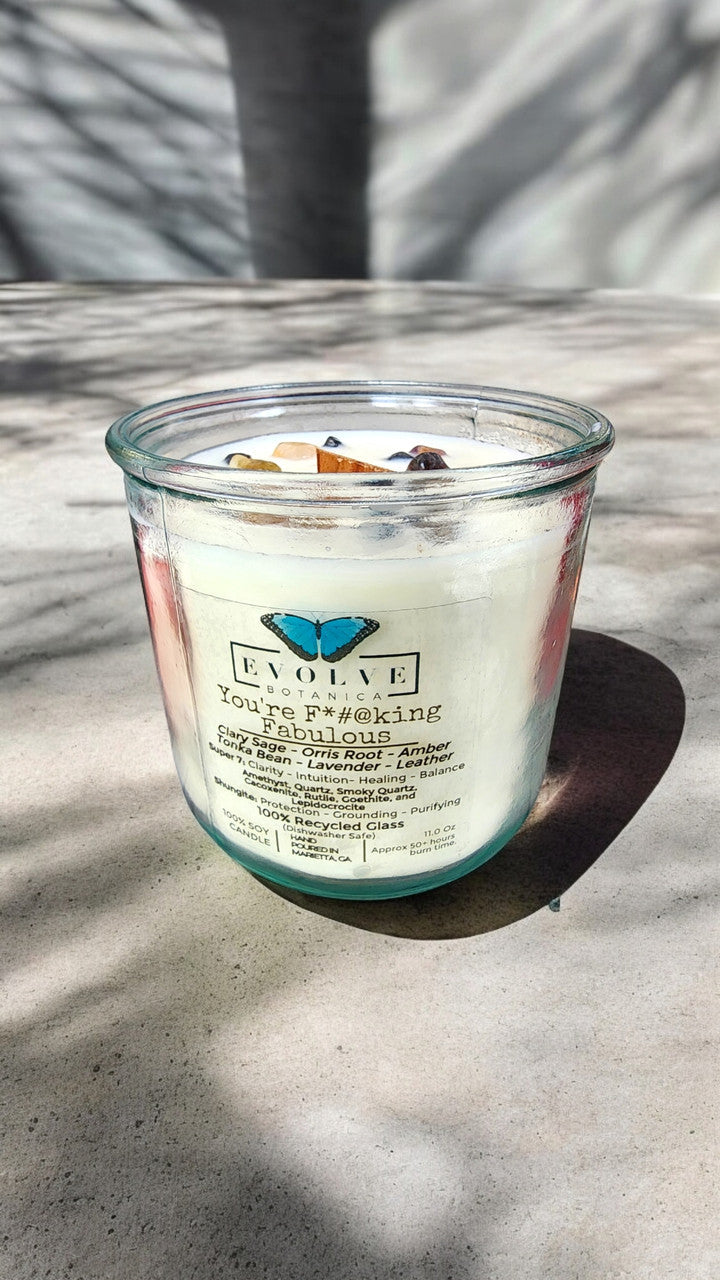 Rocks Candle - You're F*#@king Fabulous (Amethyst, Quartz, Smoky Quartz, Cacoxenite, Rutile, Goethite, & Lepidocrocite)