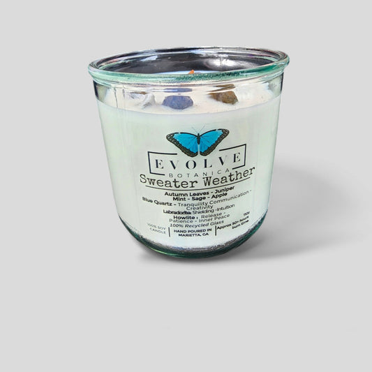 Rocks Candle - Sweater Weather (Wood Wick, Howlite (Patience, Peace), Labradorite (Shielding, Intuition), Sodalite (Nurturing, Awareness), Soy Candle)