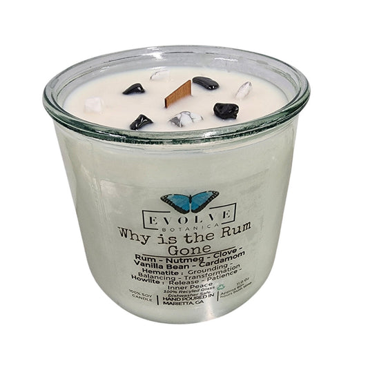 Rocks Candle - Why Is The Rum Gone? (Wood Wick, Hematite (Grounding, Balancing, Transformation), Howlite (Release, Patience, Inner Peace)