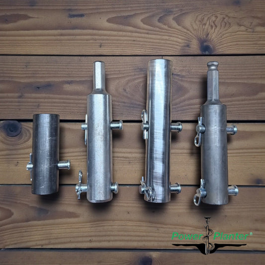 Power Planter Augers auger adapters for accessories, shown attached to auger equipment in a close-up image.