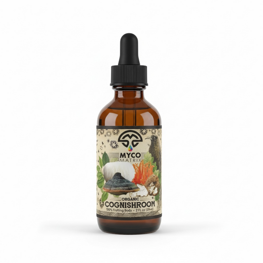 Mycomatrix CogniShroom adaptogenic mushroom extract bottle from Mushroom Mountain, showing the label and product packaging.