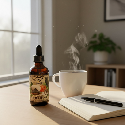 Mycomatrix CogniShroom adaptogenic mushroom extract bottle from Mushroom Mountain, with label and product details visible.