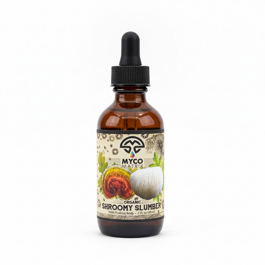 Mycomatrix Shroomy Slumber adaptogenic mushroom extract bottle with label from Mushroom Mountain on a white background.