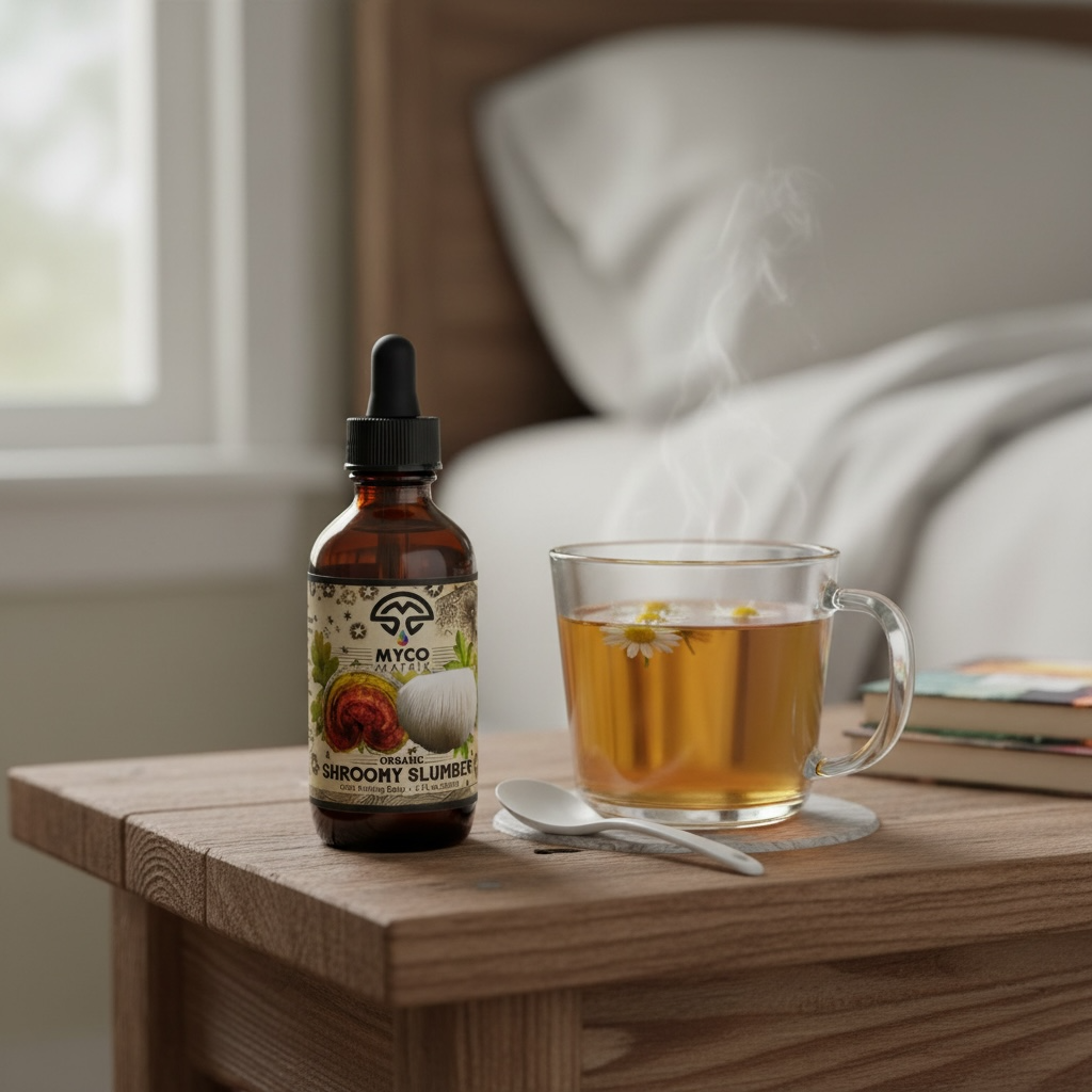 Mycomatrix Shroomy Slumber adaptogenic mushroom extract bottle with label, featuring images of mushrooms and a dark background