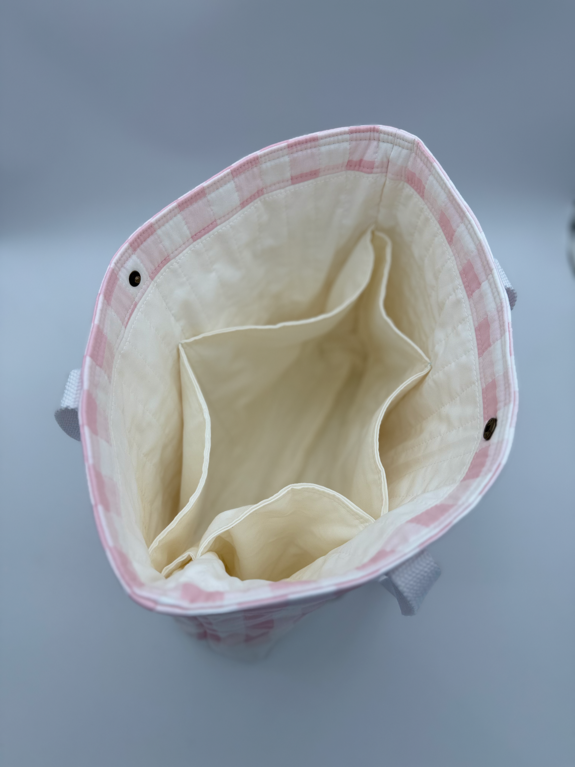 Pink gingham quilted tote bag interior from C2 Creations LLC, handmade canvas tote with snap closure and pink checked fabric.