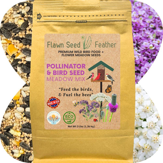 Pollinator and wild bird seed meadow mix in a 3lb pouch by Flawn Seed Kits, featuring colorful wildflowers and seeds for attracting pollinators.