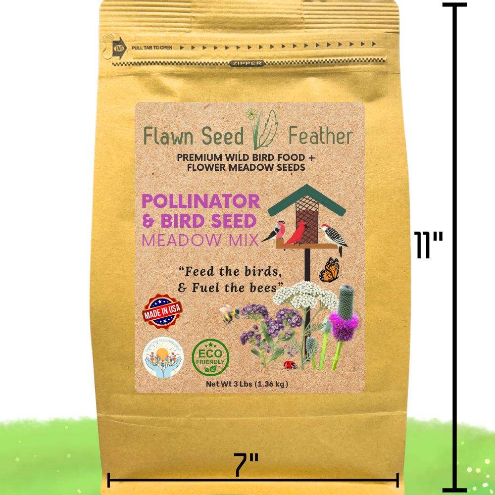 Pollinator and wild bird seed meadow mix in a 3lb pouch by Flawn Seed Kits, showing colorful wildflowers and seeds.