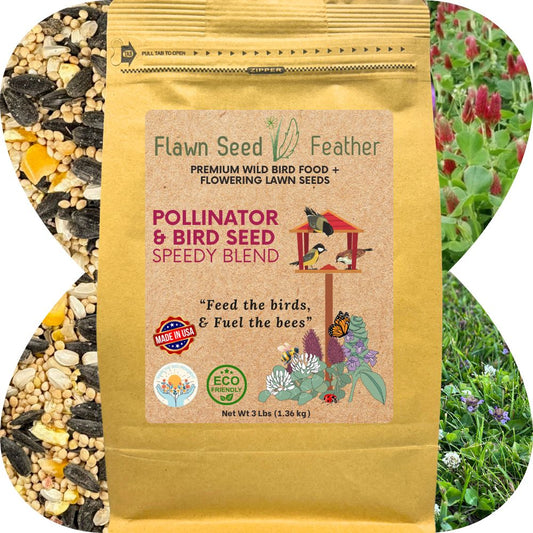 Three-pound pouch of Flawn Seed Kits Pollinator and Wild Bird Seed Speedy Blend in a resealable pouch.