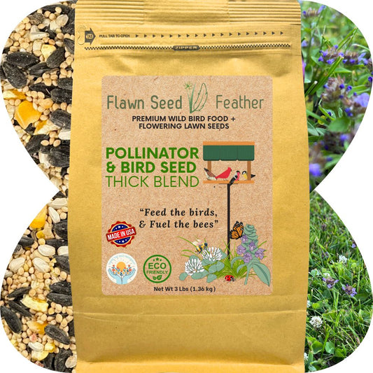 Three-pound pouch of Flawn Seed Kits pollinator and wild bird seed thick bee lawn blend in a resealable pouch.