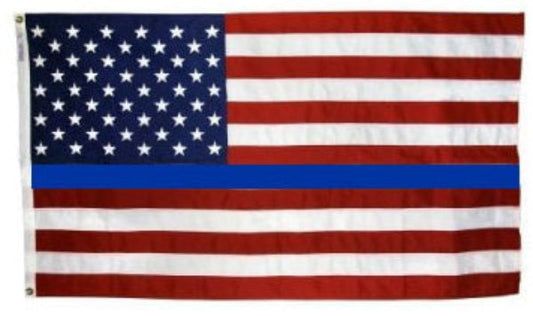 Polyester American flag with Thin Blue Line by Flagman of America, featuring vibrant stars and stripes on durable fabric.