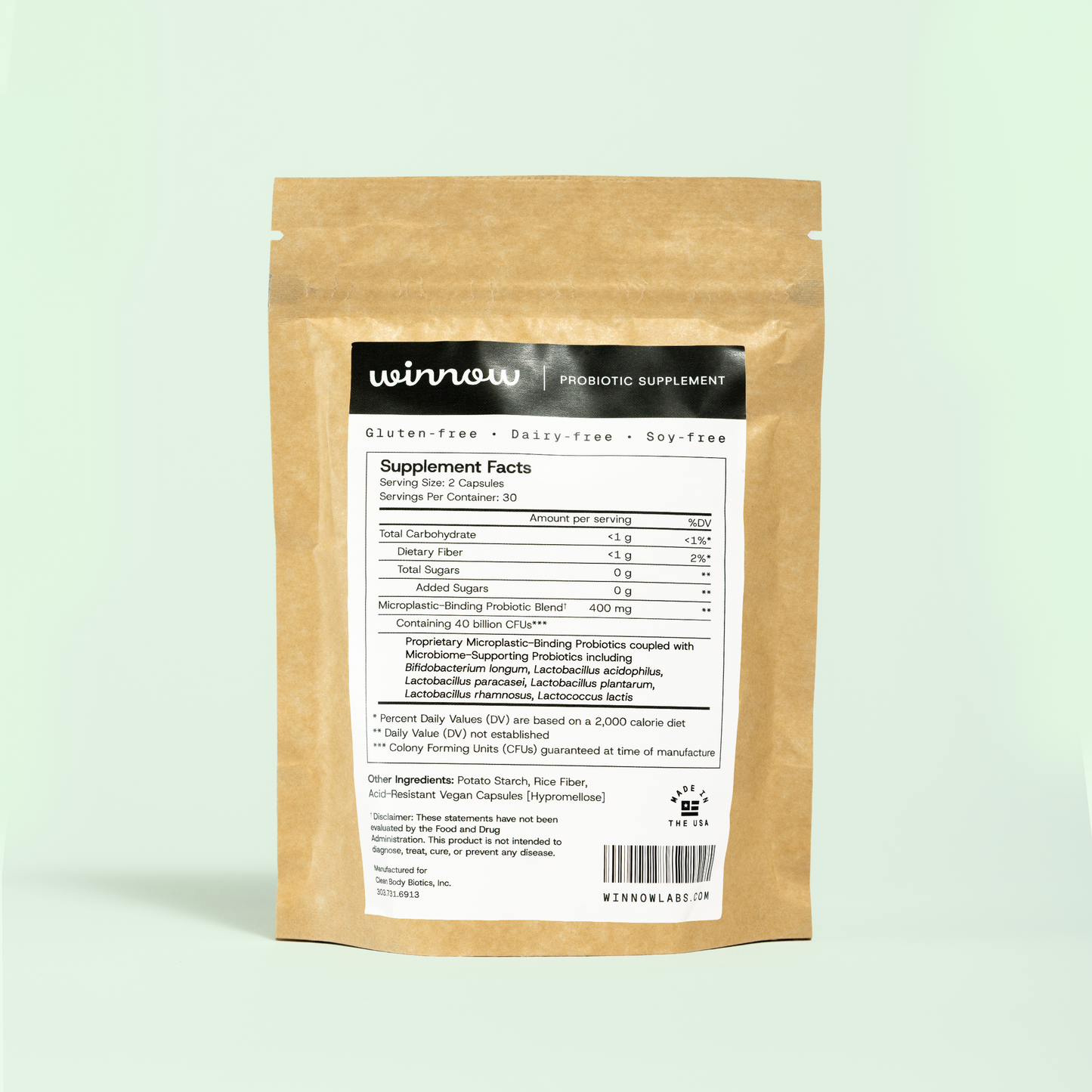 Winnow Daily Probiotic Refill Packs pouch with resealable opening, featuring colorful packaging and probiotic supplement branding.