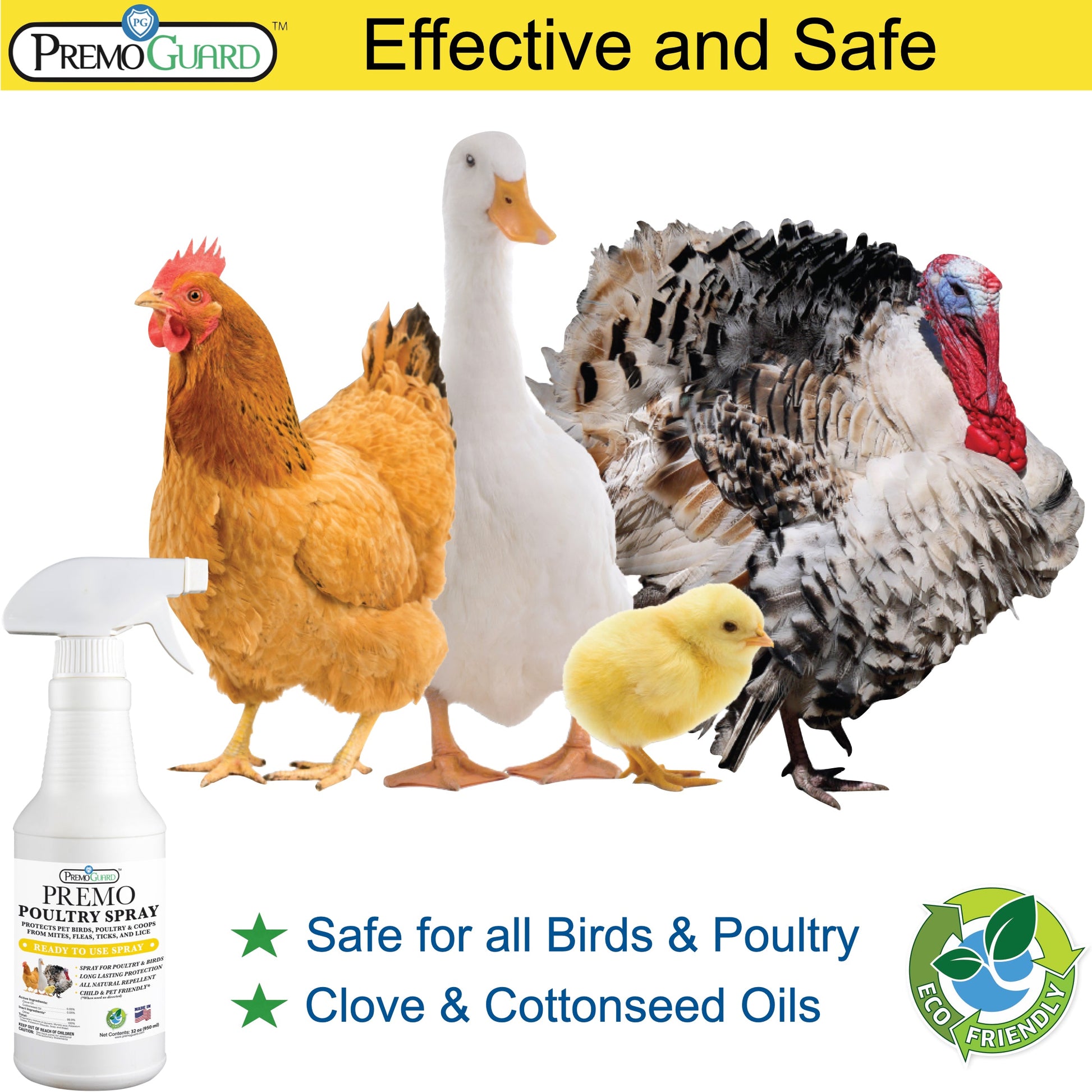 Plant-based Premo Guard poultry spray bottle with natural ingredients, designed for safe, non-toxic poultry care and pest control.