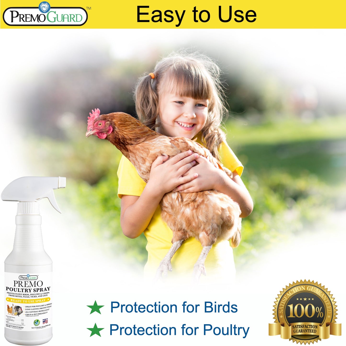 Plant-based Premo Guard poultry spray bottle showing natural ingredients and spray nozzle for safe, non-toxic animal care.
