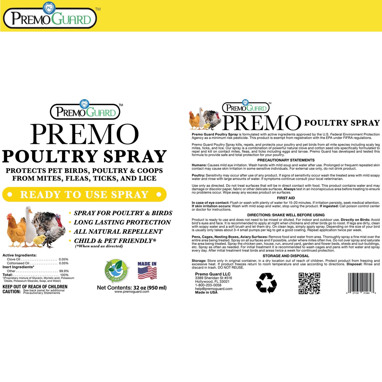 Premo Natural Poultry Spray for animals, plant-based, all-natural, non-toxic spray shown in a white bottle with a spray nozzle.