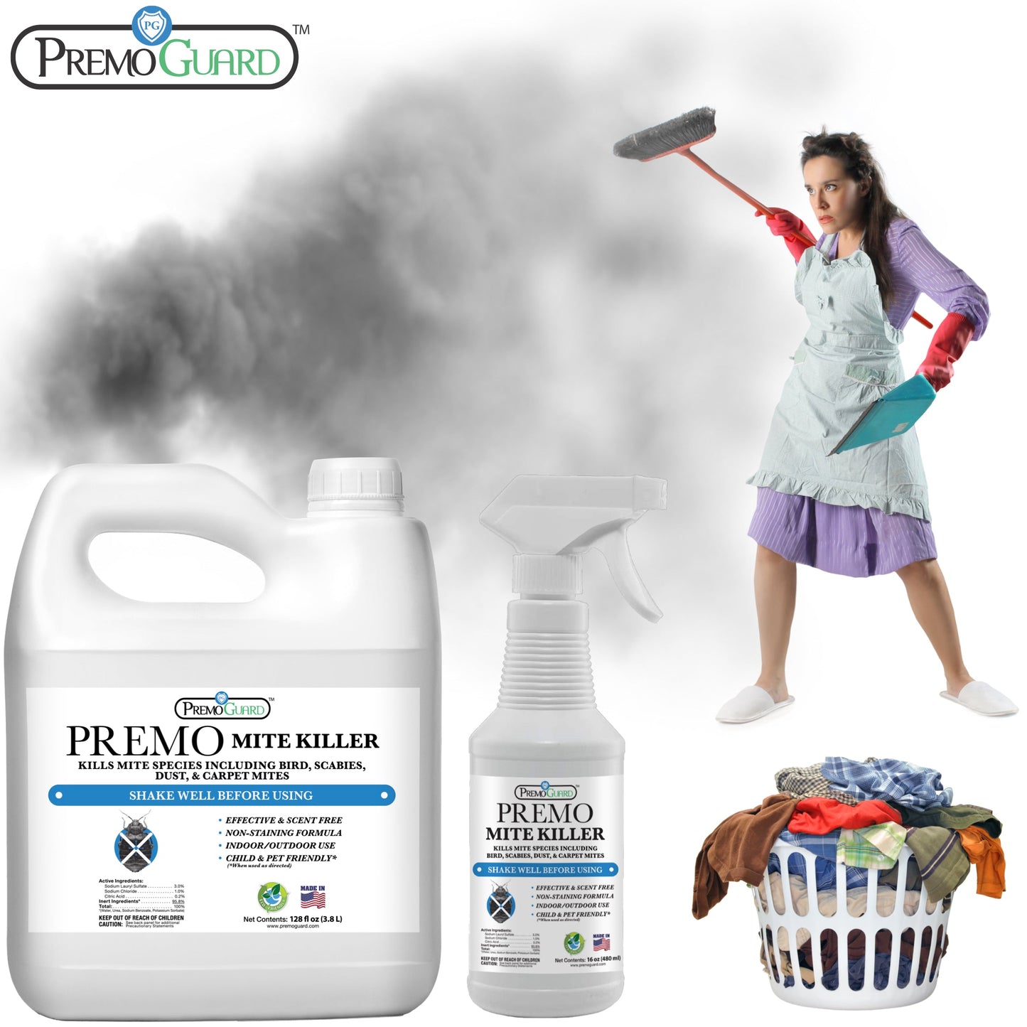 All-natural Premo Guard mite killer spray in a spray bottle, designed as a non-toxic pesticide for pest control.
