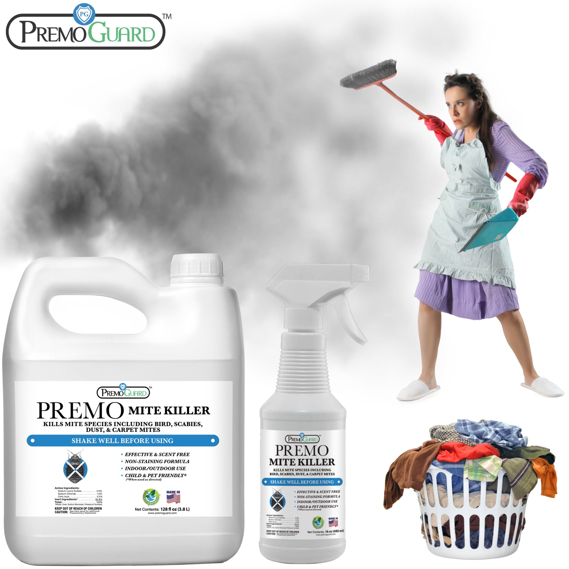 All-natural Premo Guard mite killer spray in a spray bottle, designed as a non-toxic pesticide for pest control.