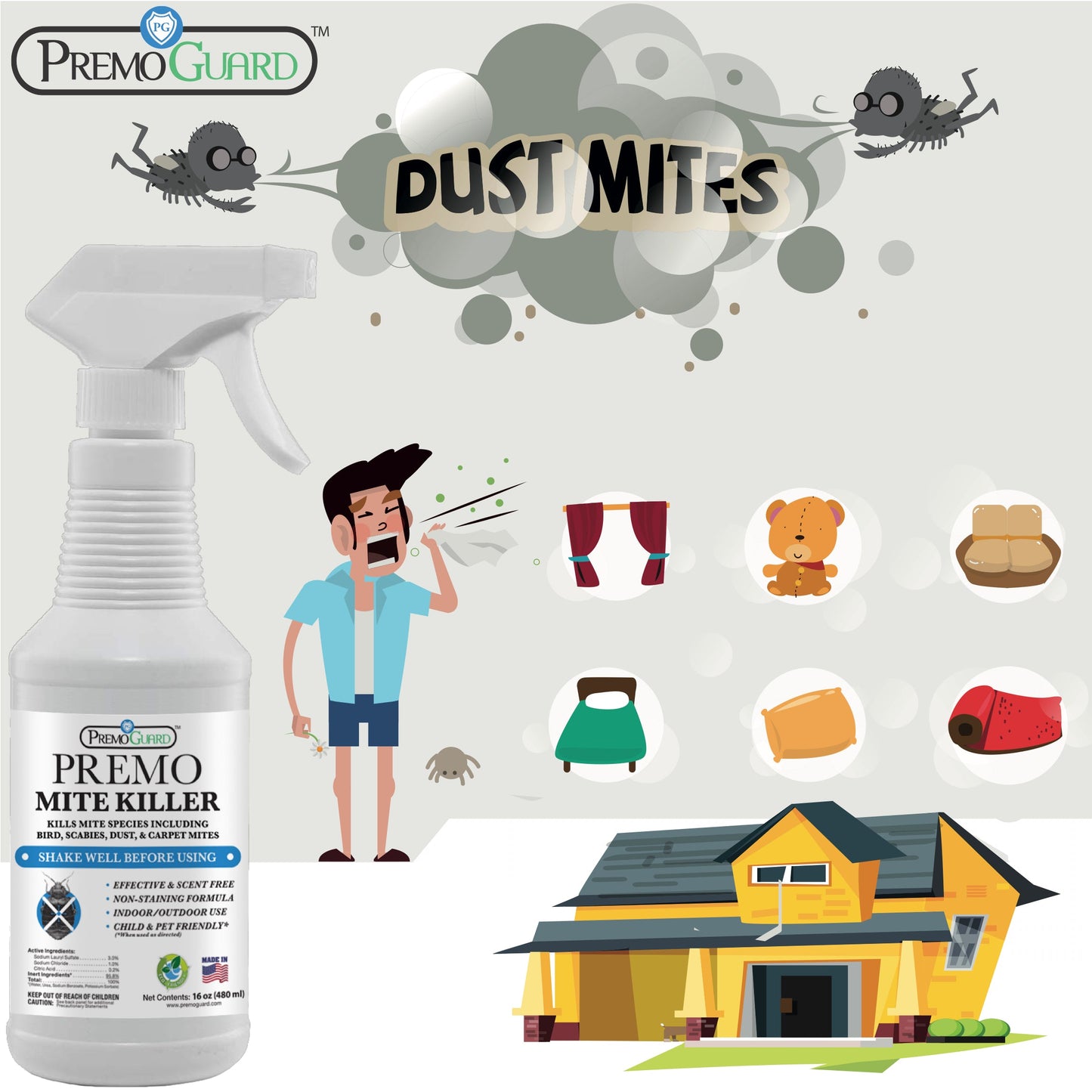 All-natural Premo Mite Killer Spray in a spray bottle, designed as a non-toxic pesticide for pest control.