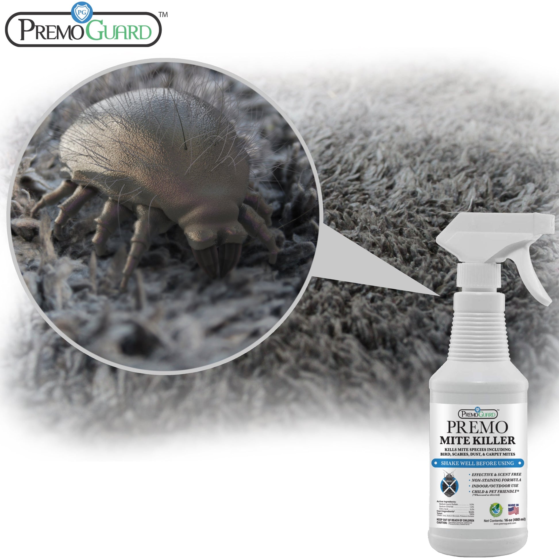 All-natural Premo Mite Killer spray bottle, non-toxic pest control solution for eliminating mites and insects naturally.