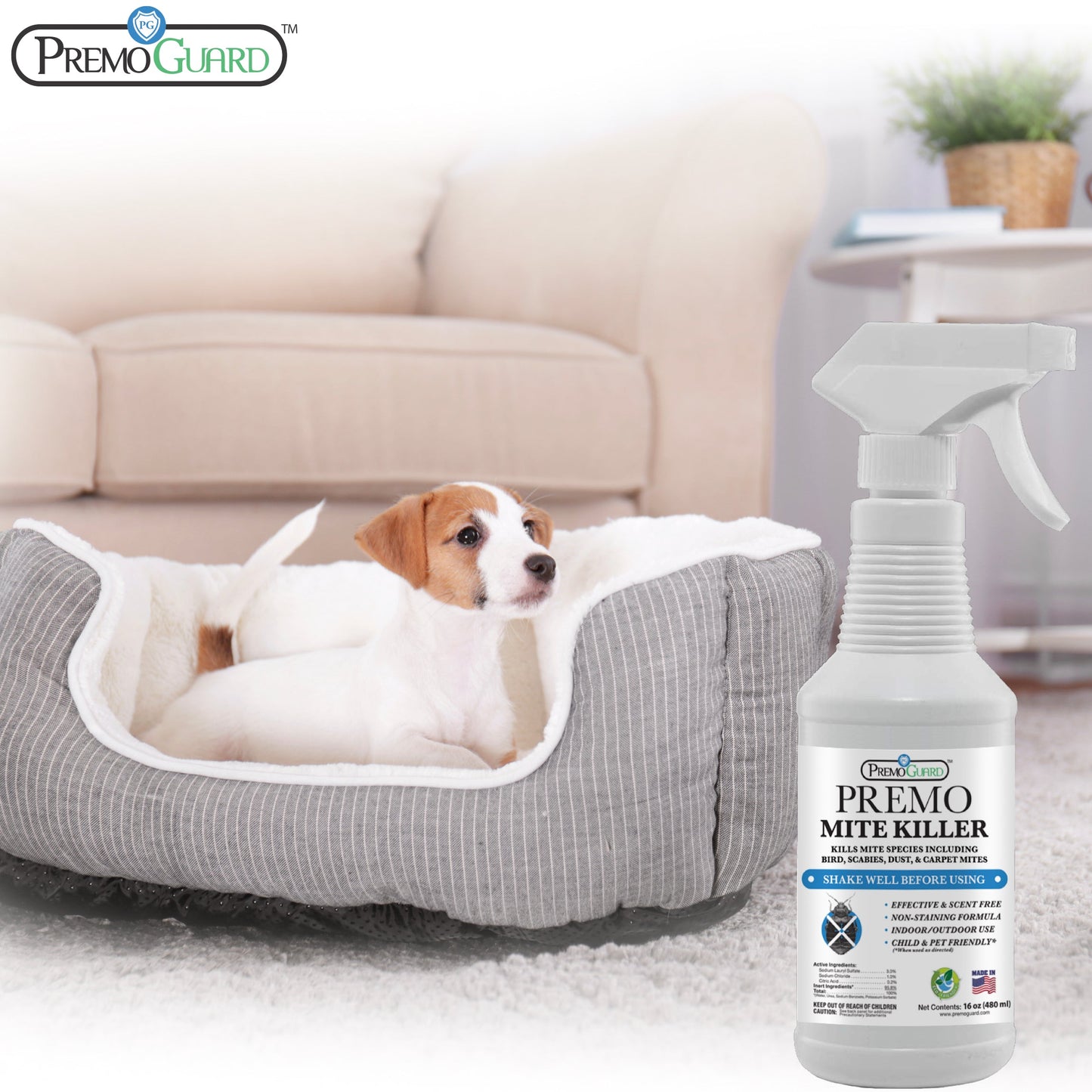 All-natural Premo Mite Killer Spray in a spray bottle, designed as a non-toxic pesticide for pest control.