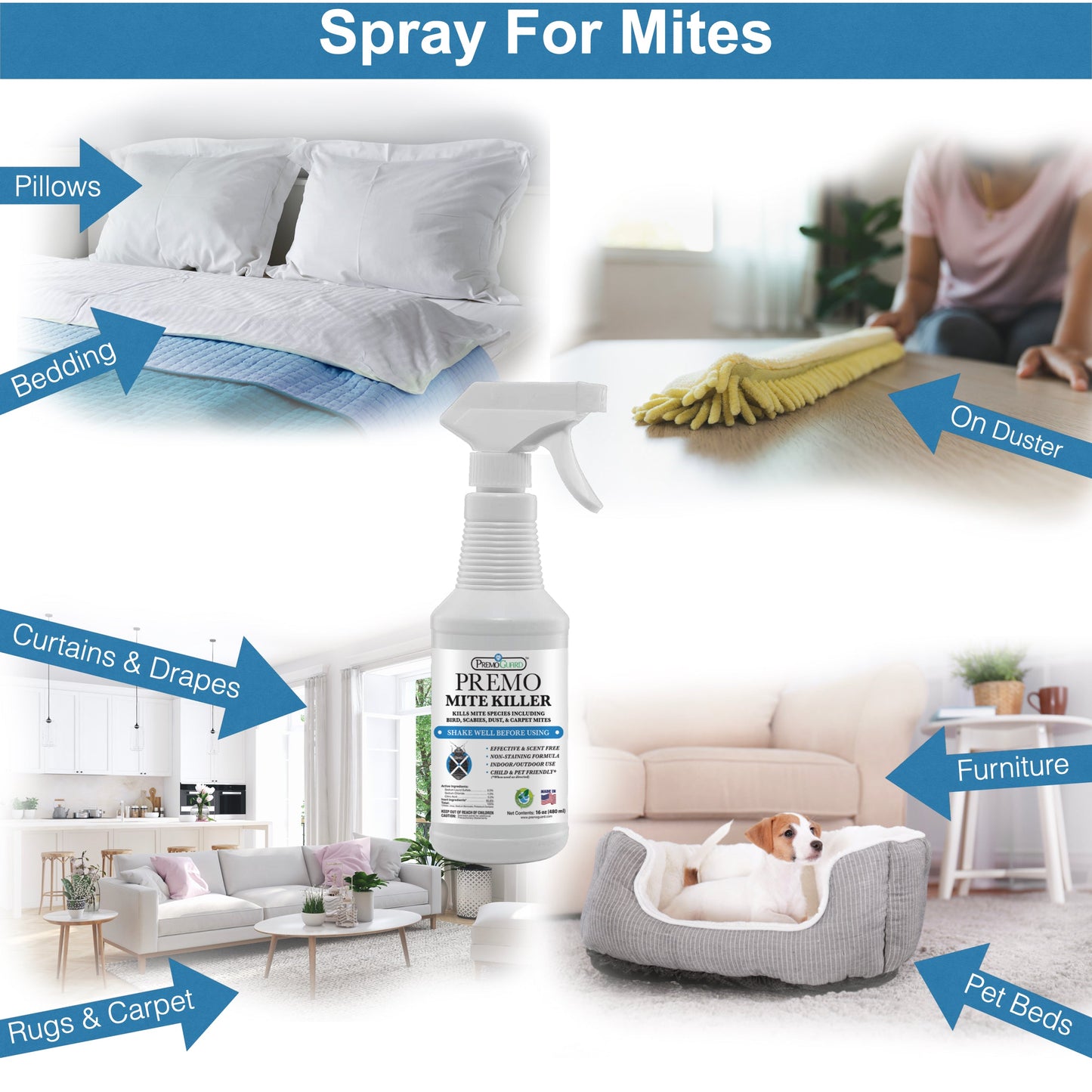 All-natural Premo Mite Killer Spray in a spray bottle, non-toxic pesticide designed to eliminate mites safely and effectively.