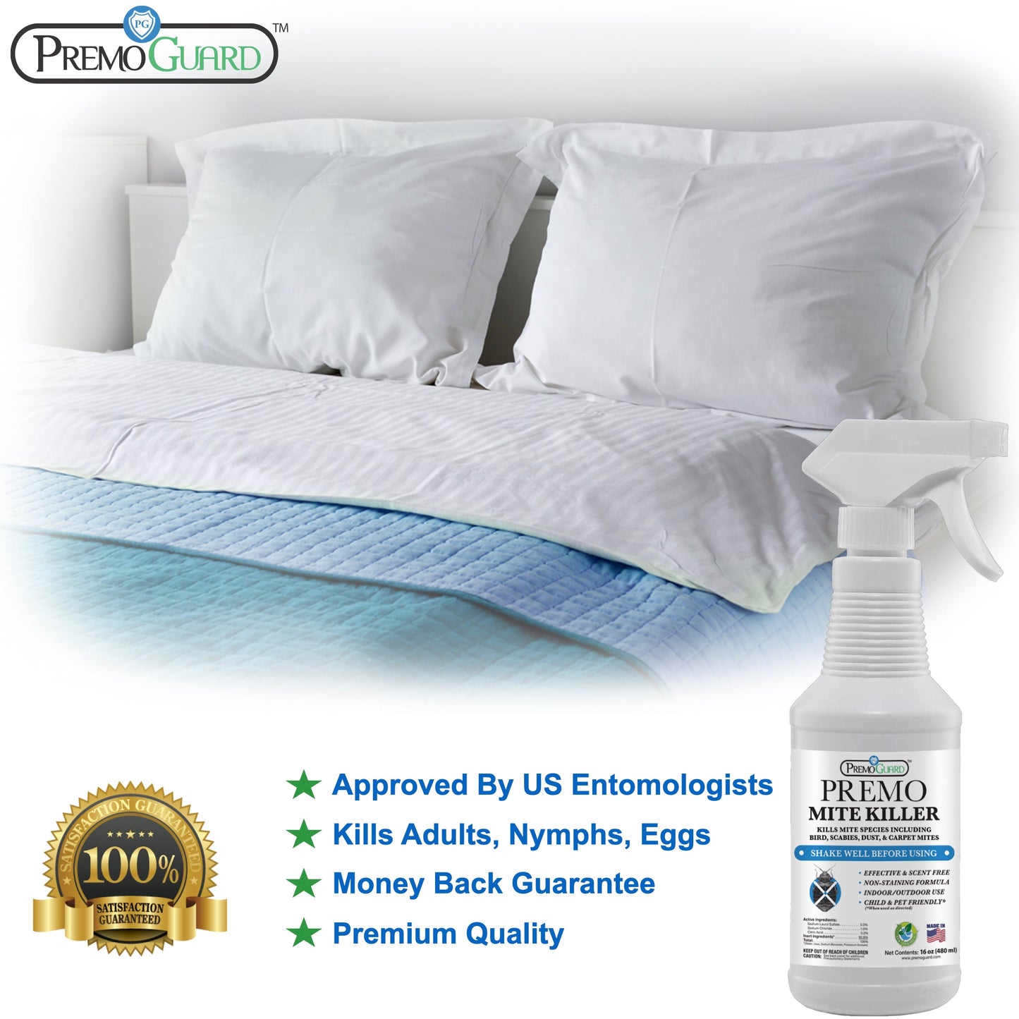 Natural mite killer spray by Premo Natural Products, non-toxic pesticide for pest control, shown in a spray bottle with natural ingredients.