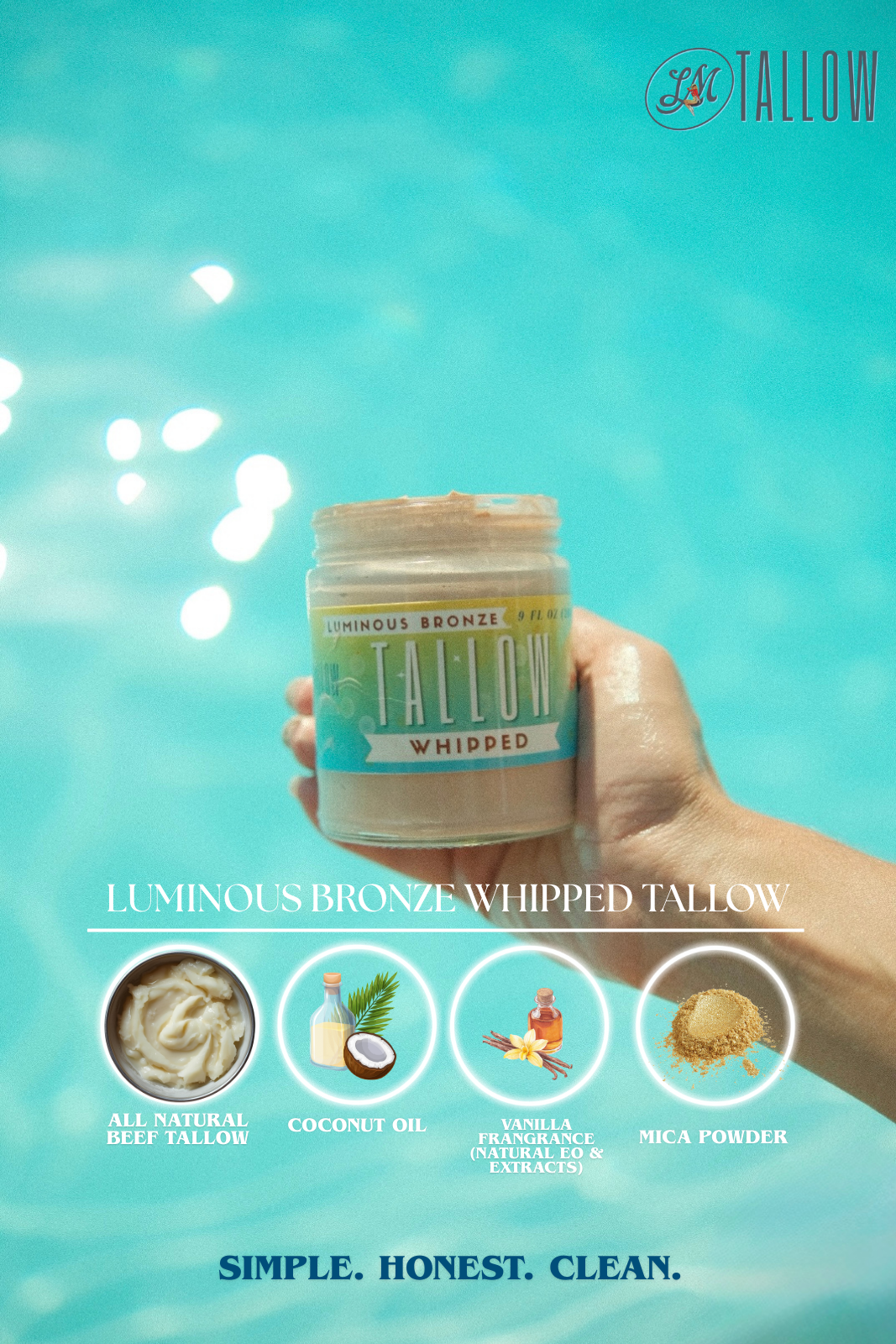 Lady May Tallow luminous bronze whipped tallow moisturizer in a 9 oz jar, showcasing the rich, creamy body moisturizer with bronze tint.
