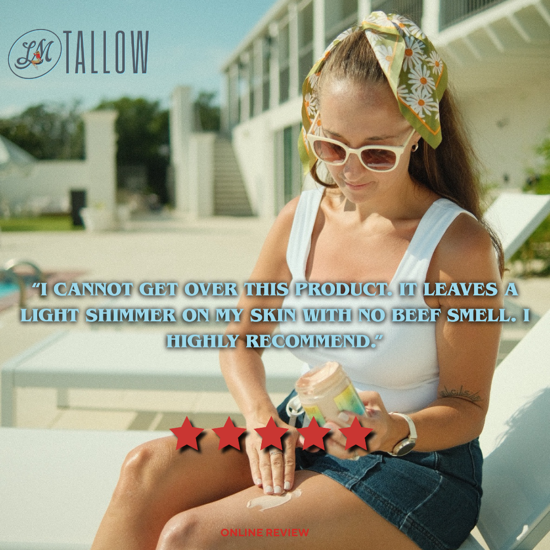 Lady May Tallow luminous bronze whipped tallow moisturizer in 9 oz body cream, smooth and glowing application visible in the image.