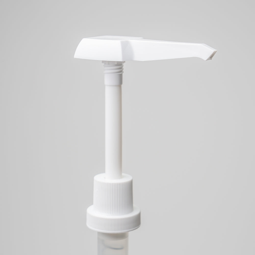 The Rustic Strength 1 Gallon Jug Measuring Pump is a white plastic dispenser with a long nozzle, designed for liquid soap, sanitizer, or lotion in gallon jugs. Shown on a plain light gray background, it helps reduce waste.