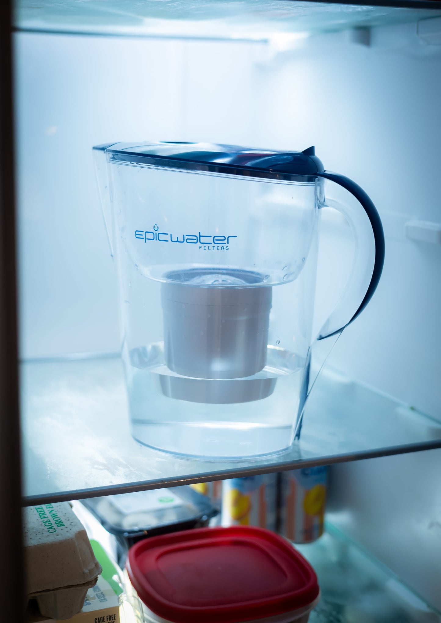 Blue-lidded Epic Water Filters Pure XP Pitcher for reducing fluoride, PFAS, and parasites in drinking water.