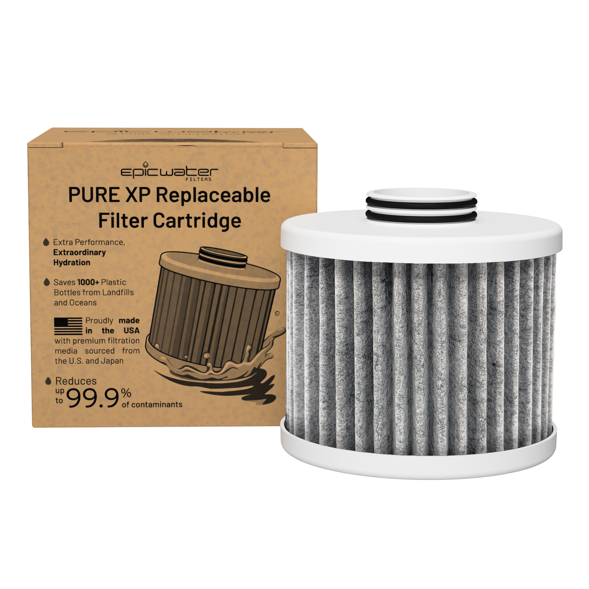 Rendered image of Epic Water Filters USA Pure XP Replacement Filter cartridge box showing product packaging and branding.