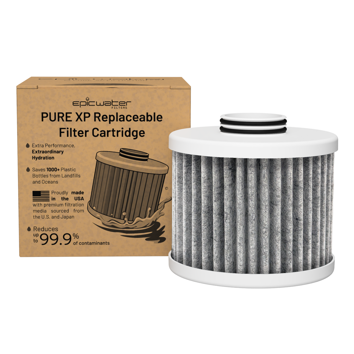 Epic Water Filters Pure XP replacement filter cartridge in box, showing packaging and product details.
