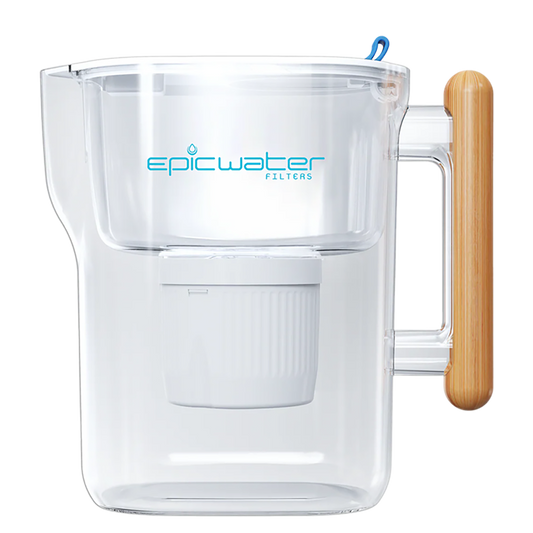 Pure Pitcher by Epic Water Filters USA reducing fluoride and PFAS, with clear water pouring into a glass.