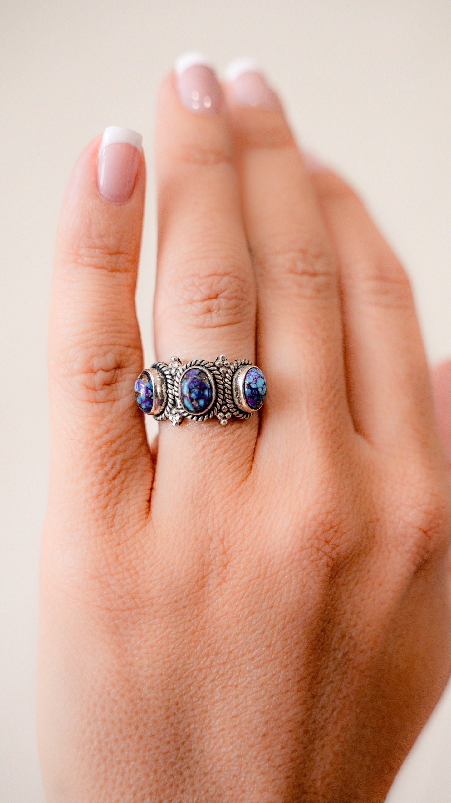 Purple Mojave Three Stone Ring - Blessings Grow Meadows -