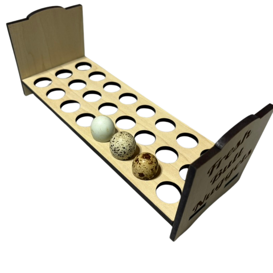 Countertop quail egg holder from Quailz.com featuring a cute quail design for storing fresh eggs.