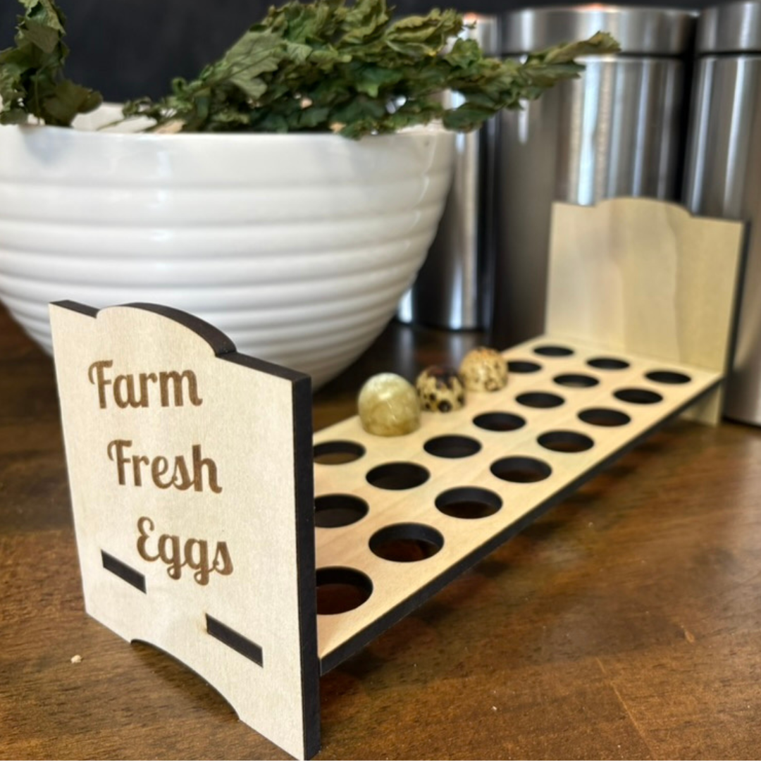 Counter top quail egg holder by Quailz.com, showcasing fresh quail eggs in a stylish, farm-fresh lifestyle setting.