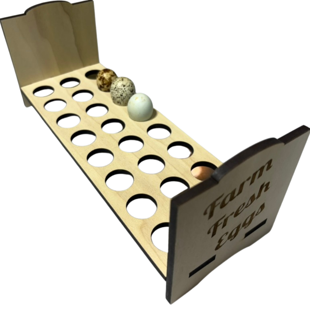 Countertop quail egg holder by Quailz.com for fresh quail eggs, featuring a sleek design and multiple egg slots for easy access.