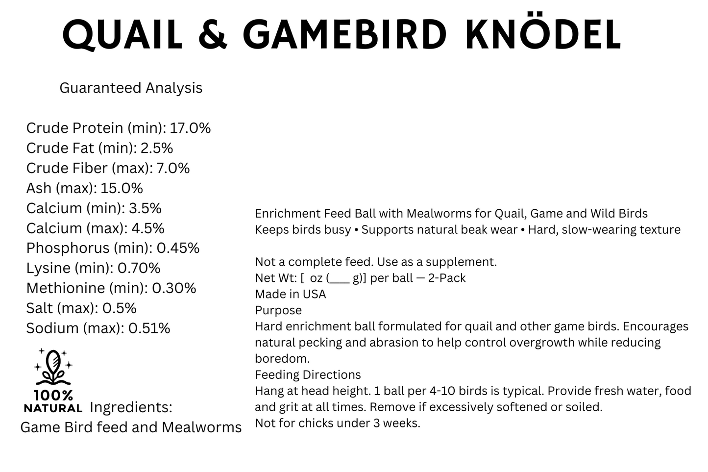 Quail & gamebird Knödel enrichment feed balls with mealworms, shown in a 2-pack for quail keepers by Quailz.com.