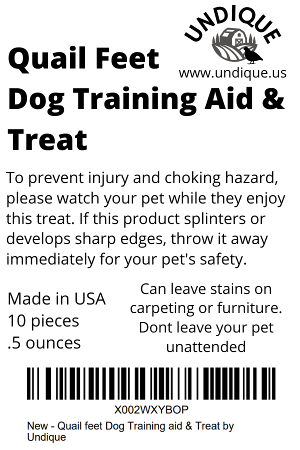 Dog training aid with natural quail feet treats from Quailz.com, showing small, crunchy bird feet ideal for training rewards.