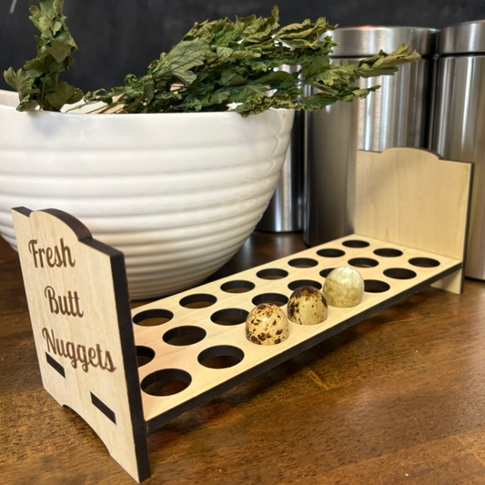 Counter top quail egg holder for fresh quail eggs, featuring a stylish design from Quailz.com by Undique LLC.