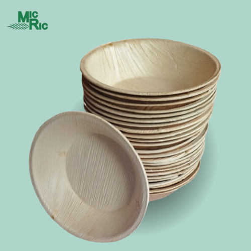 MicRic 8-inch round palm leaf bowl, eco-friendly disposable dish for parties and events, natural brown color, 240-pack.