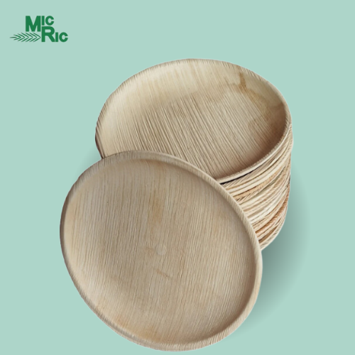 MicRic palm leaf 6-inch round plates, 600-pack, eco-friendly disposable dinnerware with natural palm leaf design.
