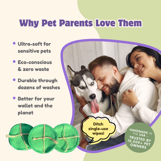 ReNewedPet reusable cotton pads for pet grooming, four soft, eco-friendly rounds for cleaning and grooming pets.