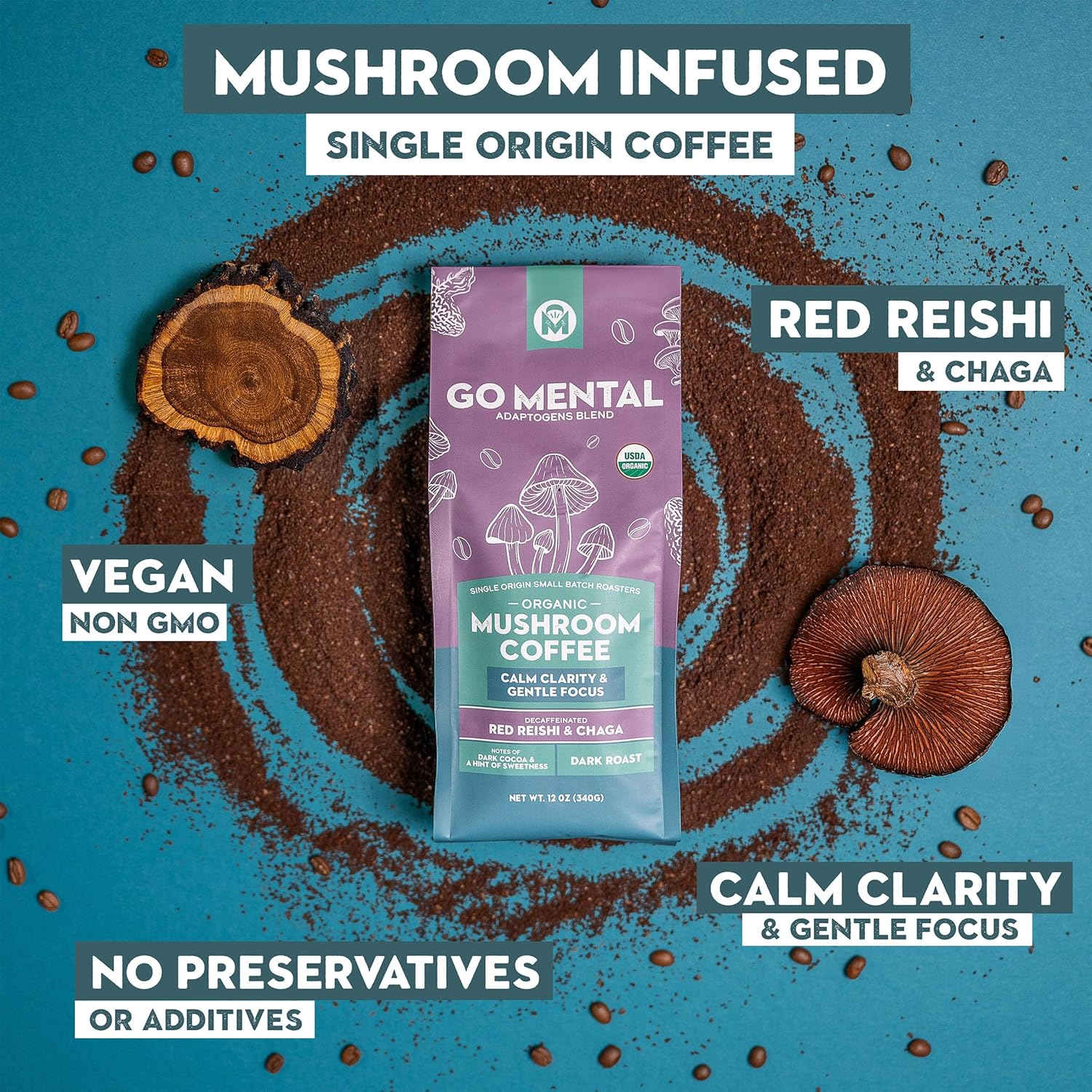 Decaffeinated Red Reishi & Chaga Mushroom Coffee Adaptogens Blend - GO MENTAL MUSHROOM COFFEE ~ Blessings Grow Meadows