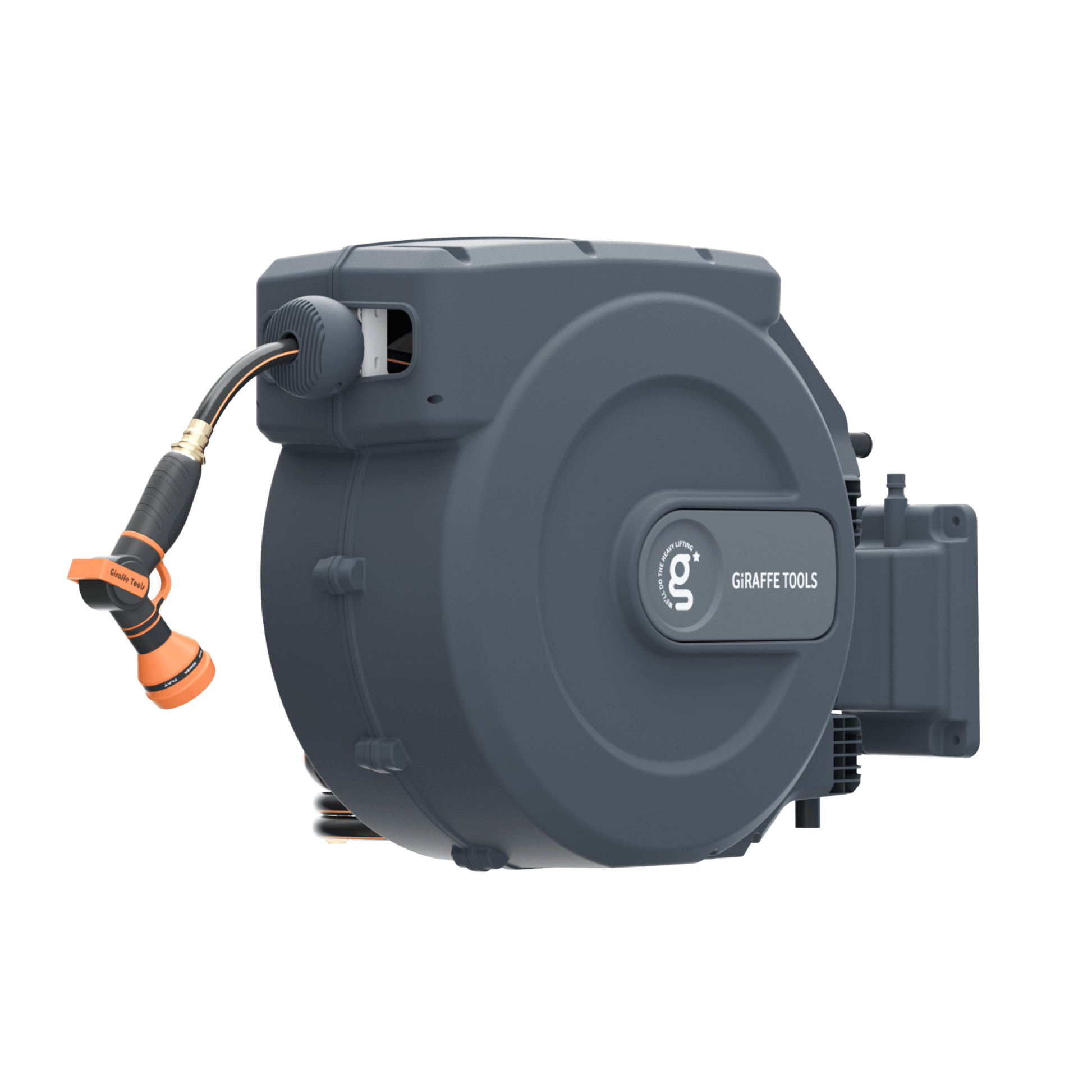 Giraffe Tools US retractable garden hose reel, 5/8 inch diameter, 115 feet length, mounted on a garden wall with hose reel in use